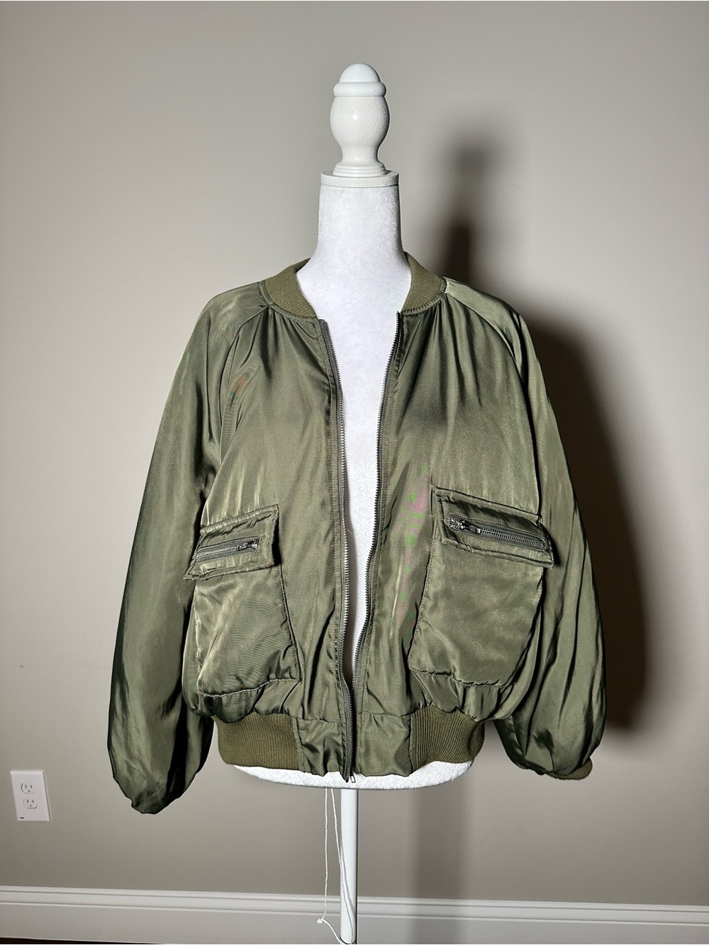 Sans Souci Olive Green Satin Bomber Jacket